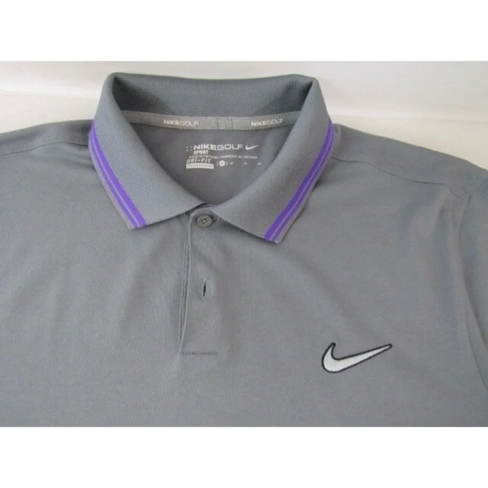 Nike Golf Dri-Fit Gray Purple Trim Air Hole Short Sleeve Polo Mens Sz M
